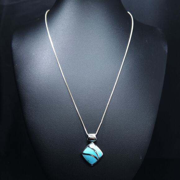 Vintage Lucite Turquoise Pendent Necklace, Sterling Italy Box Chain - Picture 2 of 10